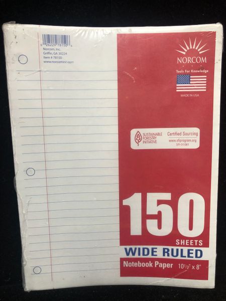 Notebook Filler Paper, 150 Sheets Wide Ruled School Stationary - 10.5x8in