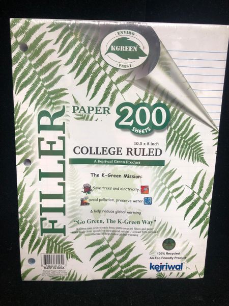 Recycled Notebook Filler Paper, 200 Sheets College Ruled School Stationary - 10.5x8in