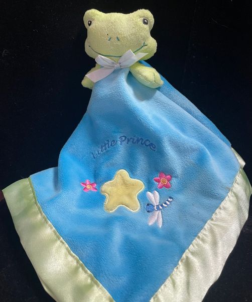 Welcome Baby Boy Gift, Little Prince Stuffed Green Frog Plush and Blue Blanket