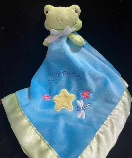 *Newborn Baby Boy Gift, Little Prince Stuffed Green Frog Plush and Blue Blanket