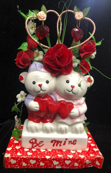 Be Mine Love Arrangement White Ceramic Teddy Bear Couple, 12in - Valentine Gifts
