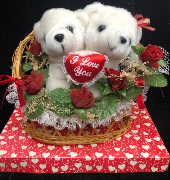 I Love You Arrangement, White Teddy Bear Plush Couple in Wicker Love Seat Chair, 8in - Love Gifts - Valentines Day Gifts
