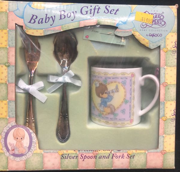 *Rare Vintage Precious Moments Keepsakes - Newborn Baby Boy Gift, Porcelain Mug with Silver Spoon and Fork Set, 1996