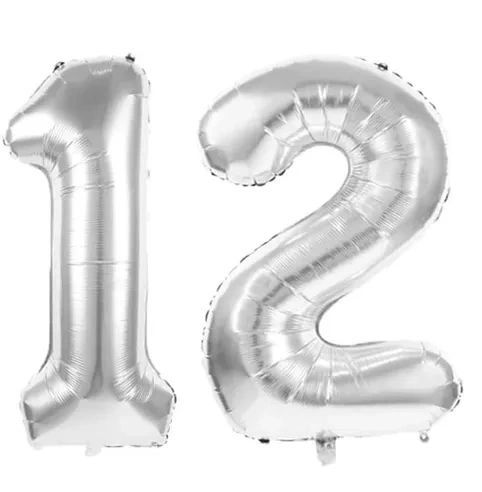 12th Birthday Silver Number Shape Foil Megaloon Balloons, 34in