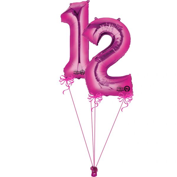 12th Birthday Pink Number Shape Foil Megaloon Balloons, Bat Mitzvah, 34in