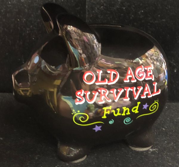 *Black Ceramic Piggy Bank, Old Age Survival Fund, 5in