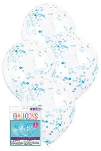 Blue Confetti Clear Latex Balloon, Pre-Filled, 12in - 6ct