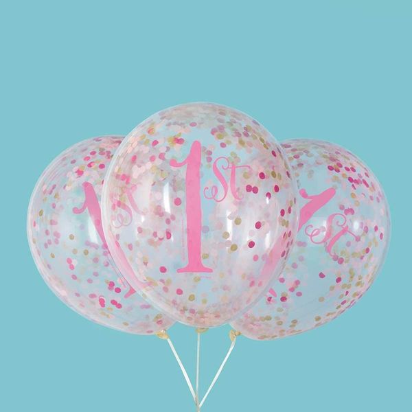 First Birthday Balloons, Clear Latex Balloons with Pink and Gold Confetti, 12in - 6ct