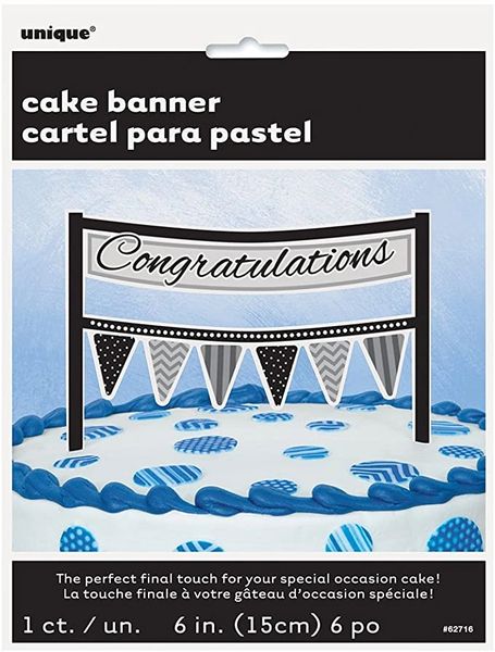 *Congratulations Cake Topper, Bunting Banner Decoration, Black & White - 6in