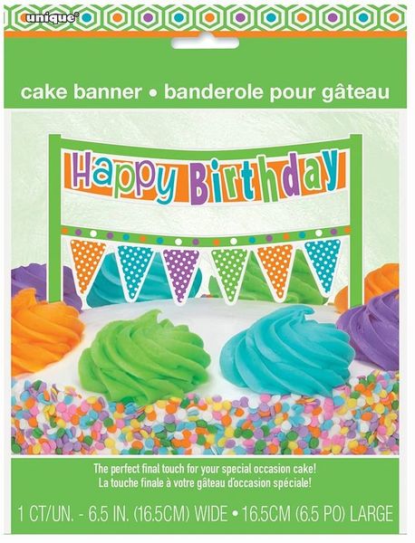 *Happy Birthday Cake Topper, Bunting Banner Decoration, Rainbow - 6in