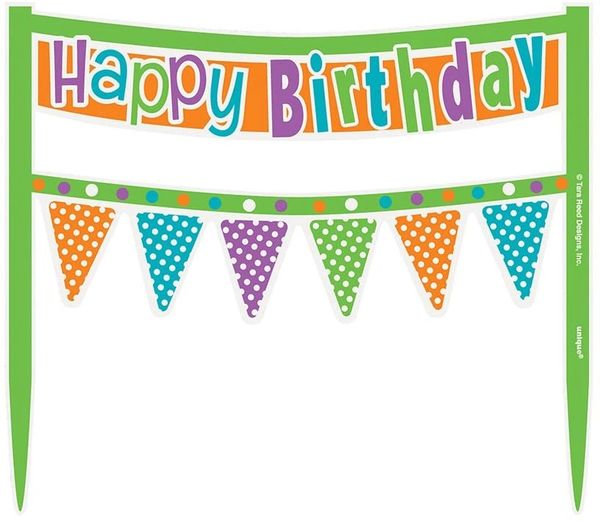 BOGO SALE - Happy Birthday Cake Pick Cake Topper, Bunting Banner Decoration, Rainbow - 6in