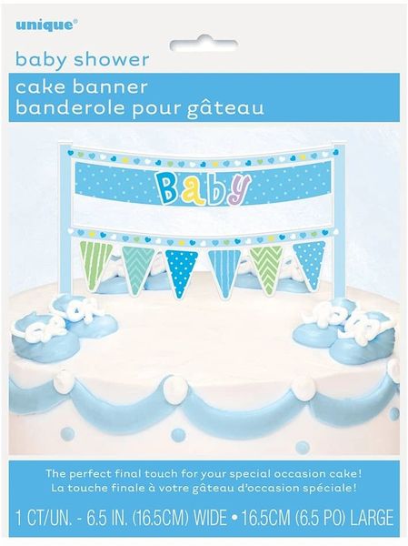 BOGO SALE - Blue Polka Dot Baby Shower Cake Pick - Bunting Cake Topper Decoration, 6in - Boy