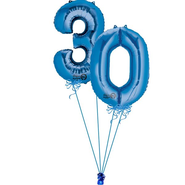 30th Birthday Blue Megaloon Foil Number Balloons, 34in