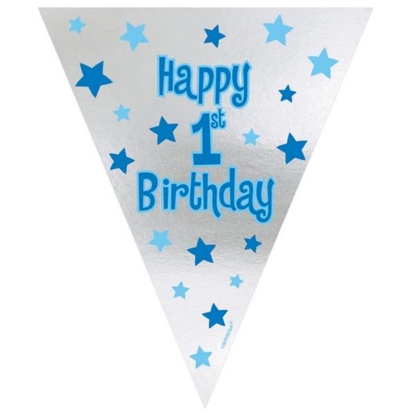 Happy 1st Birthday Boy Pennant Flag Banner Decoration, Blue, Silver - 12ft - First Birthday