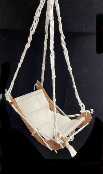 SALE - Hanging Swing Chair for Dolls, Teddy Bears - Canvas Fabric Seat, Wood - 6in Wide, 11in Tall. Measures 36in Long Entirely