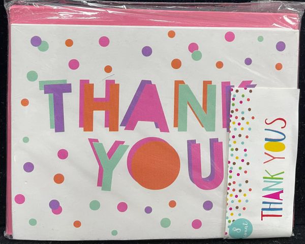 Thank You Note Cards, Colorful Dots - Set of 8 Blank Cards and Pink Envelopes