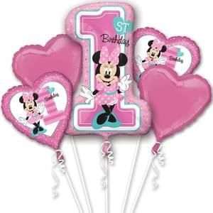 1st Birthday Baby Minnie Mouse Foil Balloon Bouquet, Pink - 5pcs