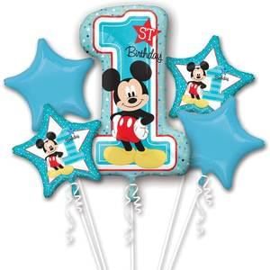 1st Birthday Baby Mickey Mouse Foil Balloon Bouquet, Blue - 5pcs