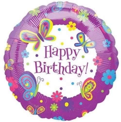 (#16) Happy Birthday Butterflies Round Foil Balloon, Purple Butterfly- 18in