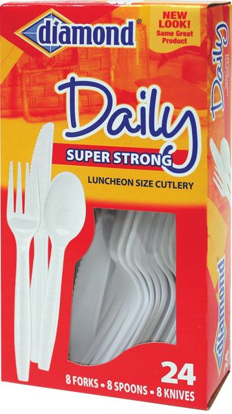BOGO SALE - Diamond Super Strong Luncheon, White Plastic Cutlery for 8, Forks, Spoons, Knives