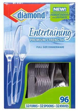 BOGO SALE - Diamond Premium Strength Full Size Dinnerware, Clear Plastic Utensils, 96ct, 32 Forks, Spoons, Knives - Party Supplies