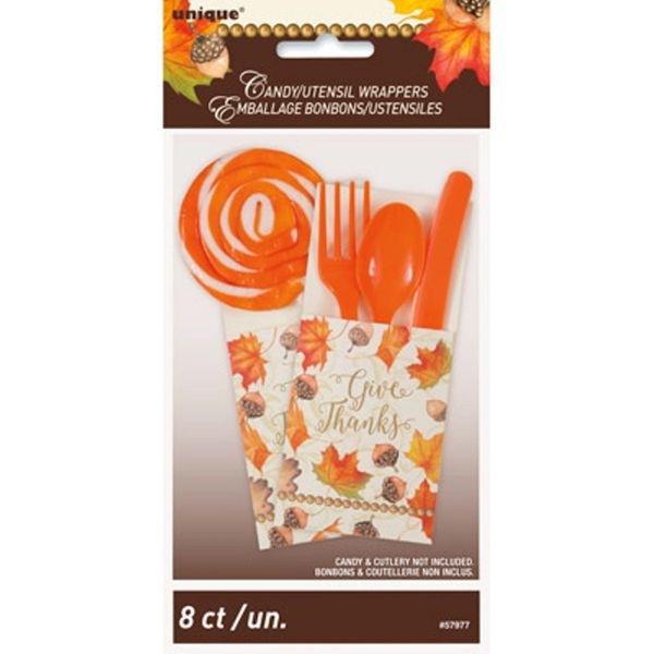 Give Thanks Decorative Candy/Utensil, Cutlery Pouches, Dinner Party - Gold Fall Leaves, 8ct - Thanksgiving