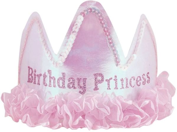 Pink Glitter Birthday Princess Headpiece with Ruffles, Sequins - Birthday Girl Tiara