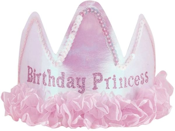 *Pink Glitter Birthday Princess Crown with Ruffles, Sequins - Birthday Girl Tiara