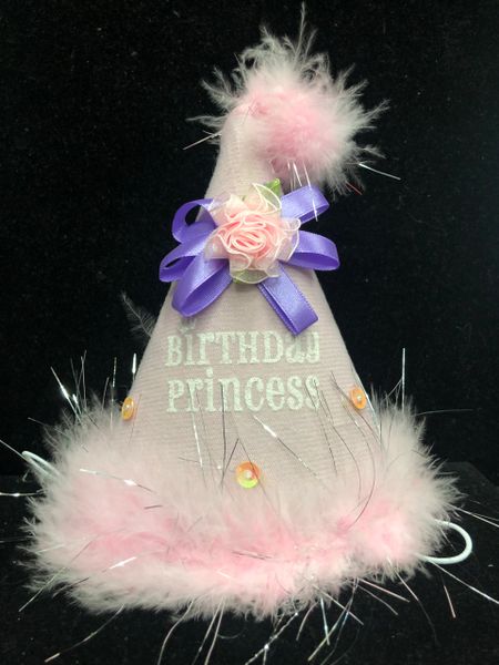 Fancy Birthday Princess Cone Hat with Feathers and Silver Tinsel - Birthday Girl Hats