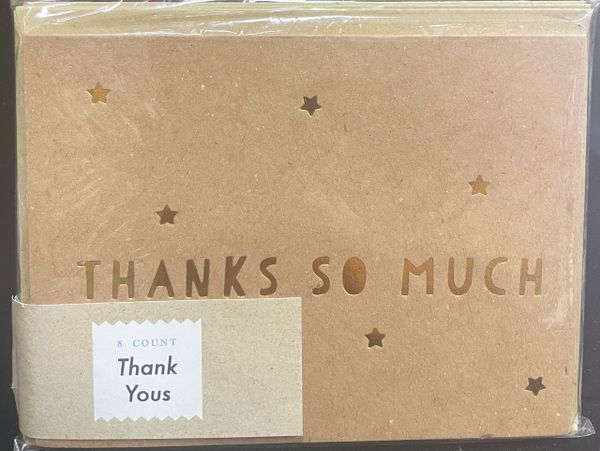 Thanks So Much Note Cards, Brown, Gold Foil - 8 Blank Cards and Brown Envelopes