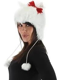 *Furry White Kitty Cat Winter Hoodie/Hat, with Red Bow, Women's - Halloween Sale