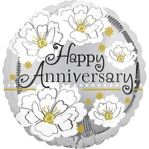 (#3) Happy Anniversary Round Foil Balloon, Floral - Silver, White Flowers