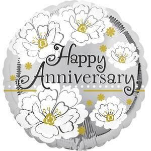 *Happy Anniversary Foil Balloon, Floral - Silver, White Flowers