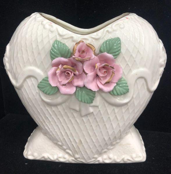SALE - Heart Shape Ivory Vase, Pink Roses, 8in - Love - Mom Gifts - Mother's Day - Valentines