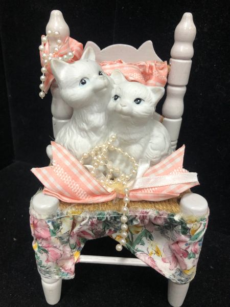 White Cats in Chair, Porcelain, 7.5in