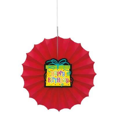 Happy Birthday Paper Fan Decoration, Red - 12in