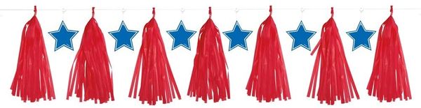 BOGO SALE - Patriotic Red Tassel Garland Decoration, 7ft - Optional Blue Stars Included - Red Decorations