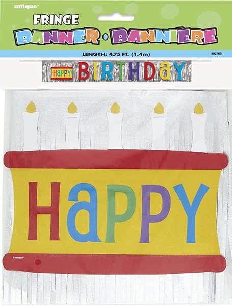 Happy Birthday Silver Fringe Banner - 4.75 feet
