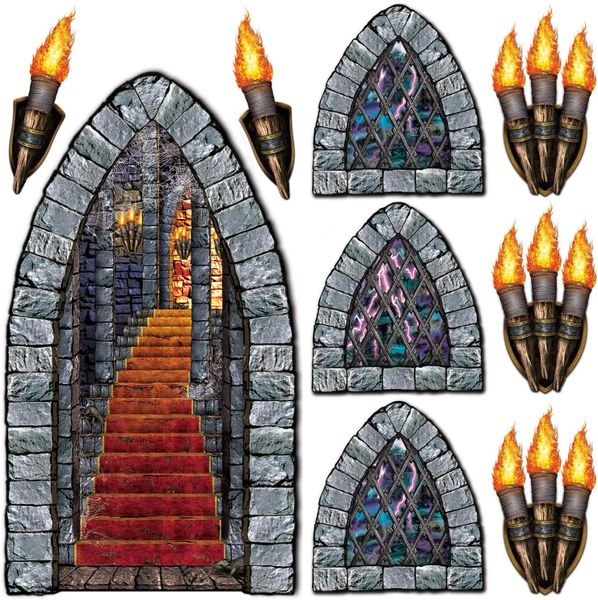 *Long Stairway, Window & Fire Torch Scene Setter, Wall Banner Decoration Kit - 5pcs - Halloween