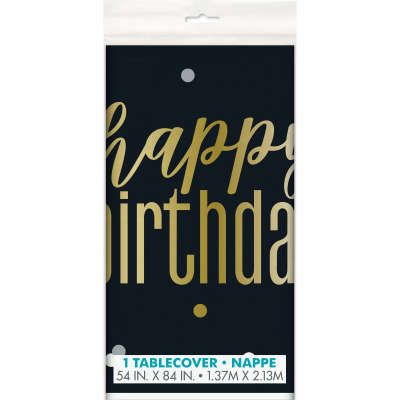 Gold Metallic Happy Birthday Black Party Table Cover - 54x84in