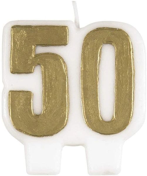 50th Candle Cake Topper, Gold 50 - Birthday Number Candle - Golden Anniversary Candle