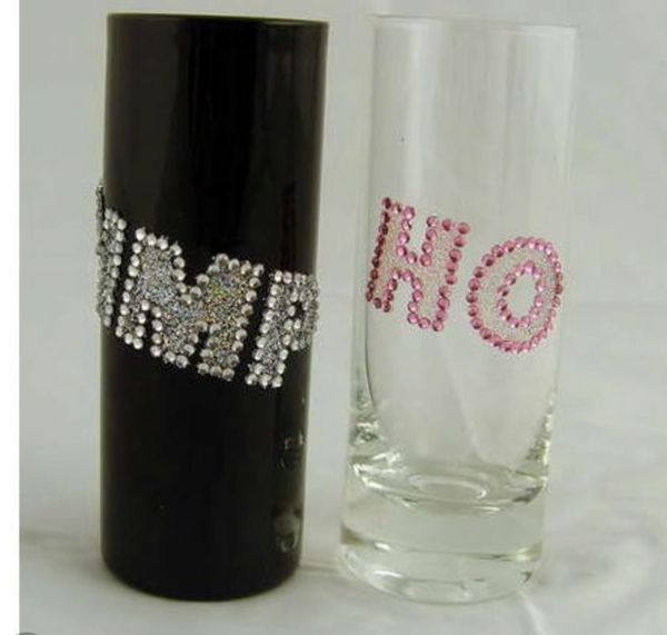 *PIMP HO Tall Shot Glass Set with Bling, Stones - 2pc - Couple Gifts - Engagement - Wedding