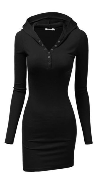 Women's Long Sleeve Buttoned Henley Neck Dress with Hoodie, Black, Medium