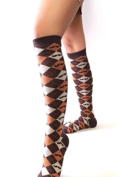 Brown Knee-High Argyle Socks with Moustaches (Mustache)