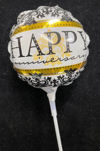 Happy Anniversary Stick Balloon, Air Filled, Black, White, Gold, 4in