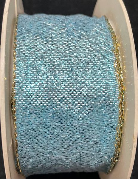 SALE - 2 Rolls, Turquoise Blue Fabric Wired Ribbon 1.5in x 10yds #9 40mm, Gold Edge