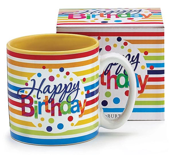 Happy Birthday Colorful Stripes Ceramic Coffee Mug, Tea Cup - 13oz