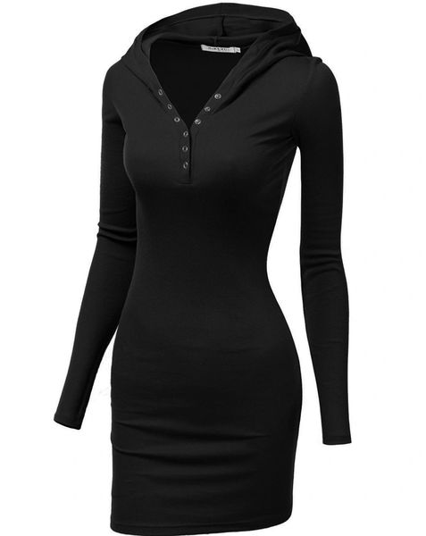 *Black Long Sleeve Buttoned Henley Neck Dress with Hoodie, Women's Medium - After Halloween Sale