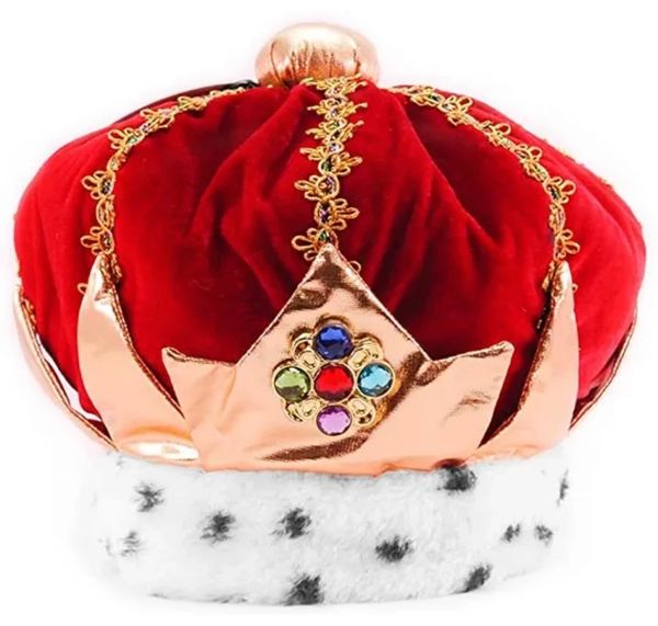 Kids Deluxe King Crown, Red Velvet, Jewels, White Fur - Royalty - Purim - Halloween