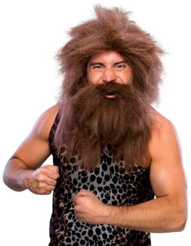 Caveman Wig with Beard & Club, Men's - Brown Hair - Halloween Sale